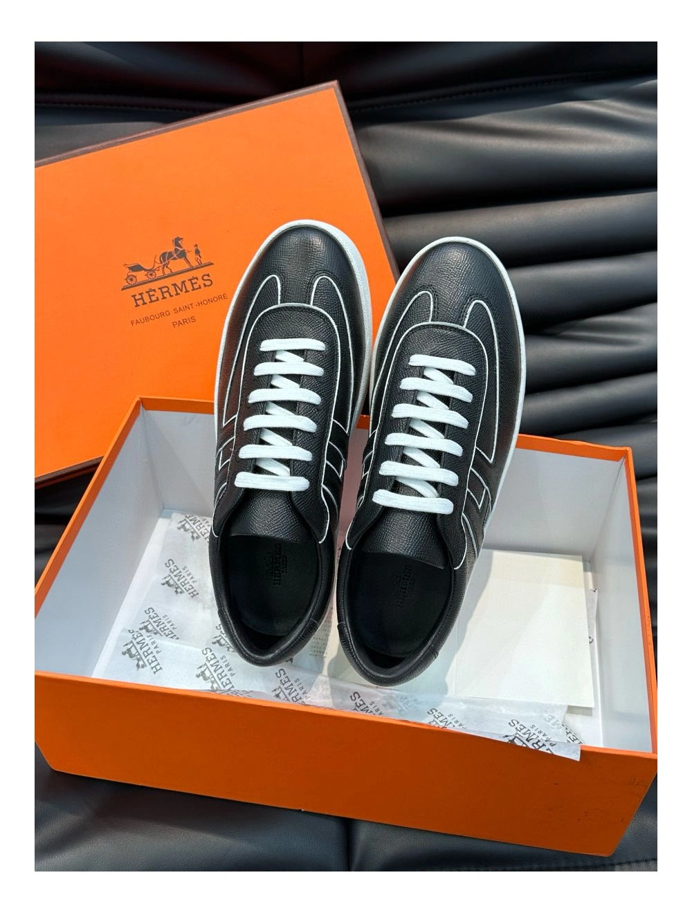 Hermes Boomerang Sneakers In Noir Epsom Calfskin