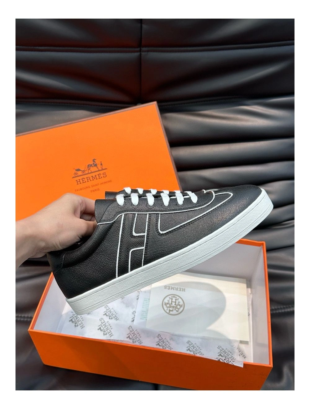 Hermes Boomerang Sneakers In Noir Epsom Calfskin