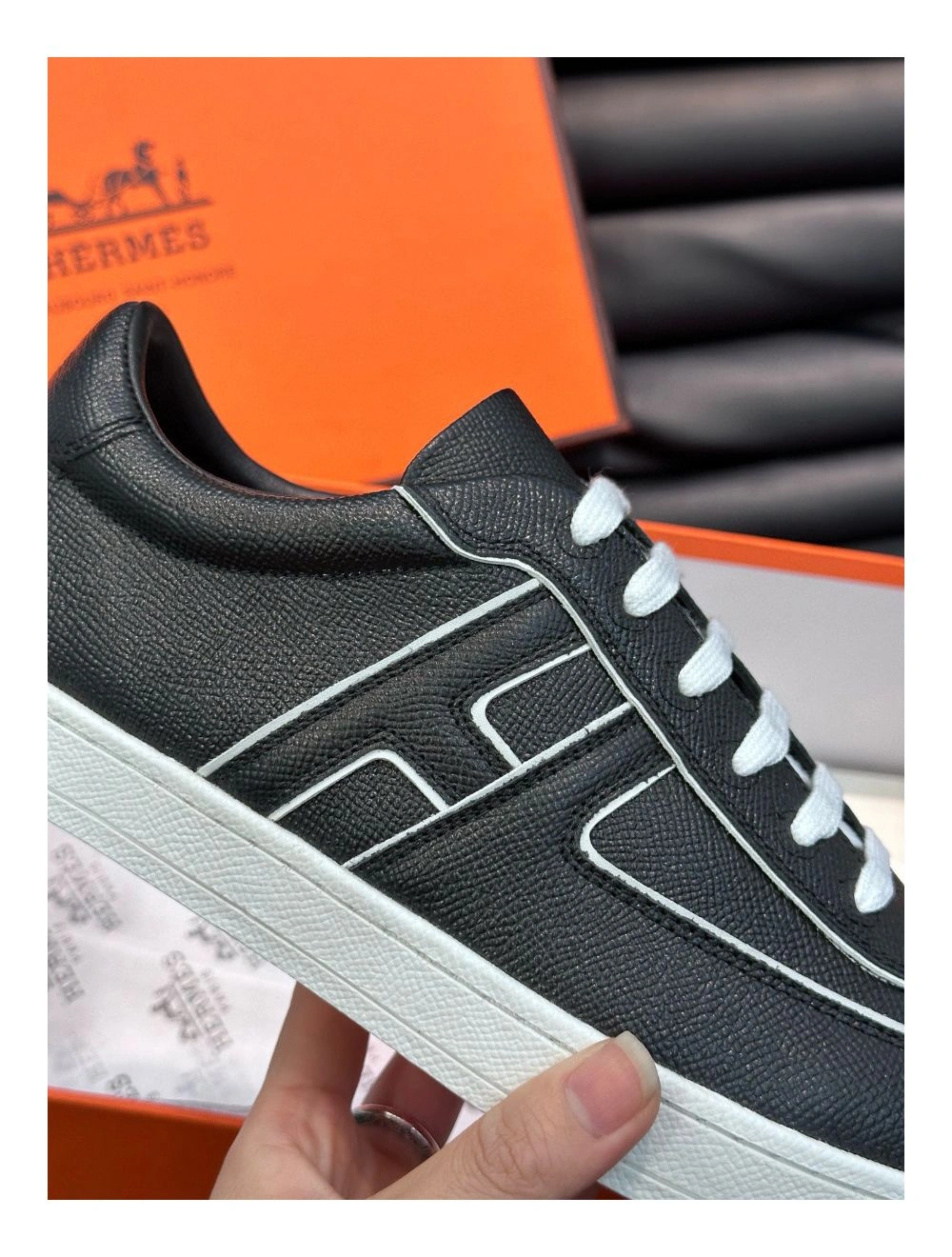 Hermes Boomerang Sneakers In Noir Epsom Calfskin