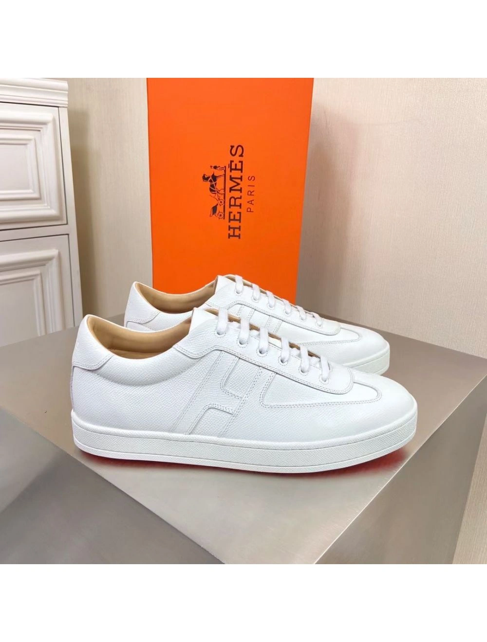 Hermes Boomerang Sneakers In White Epsom Leather