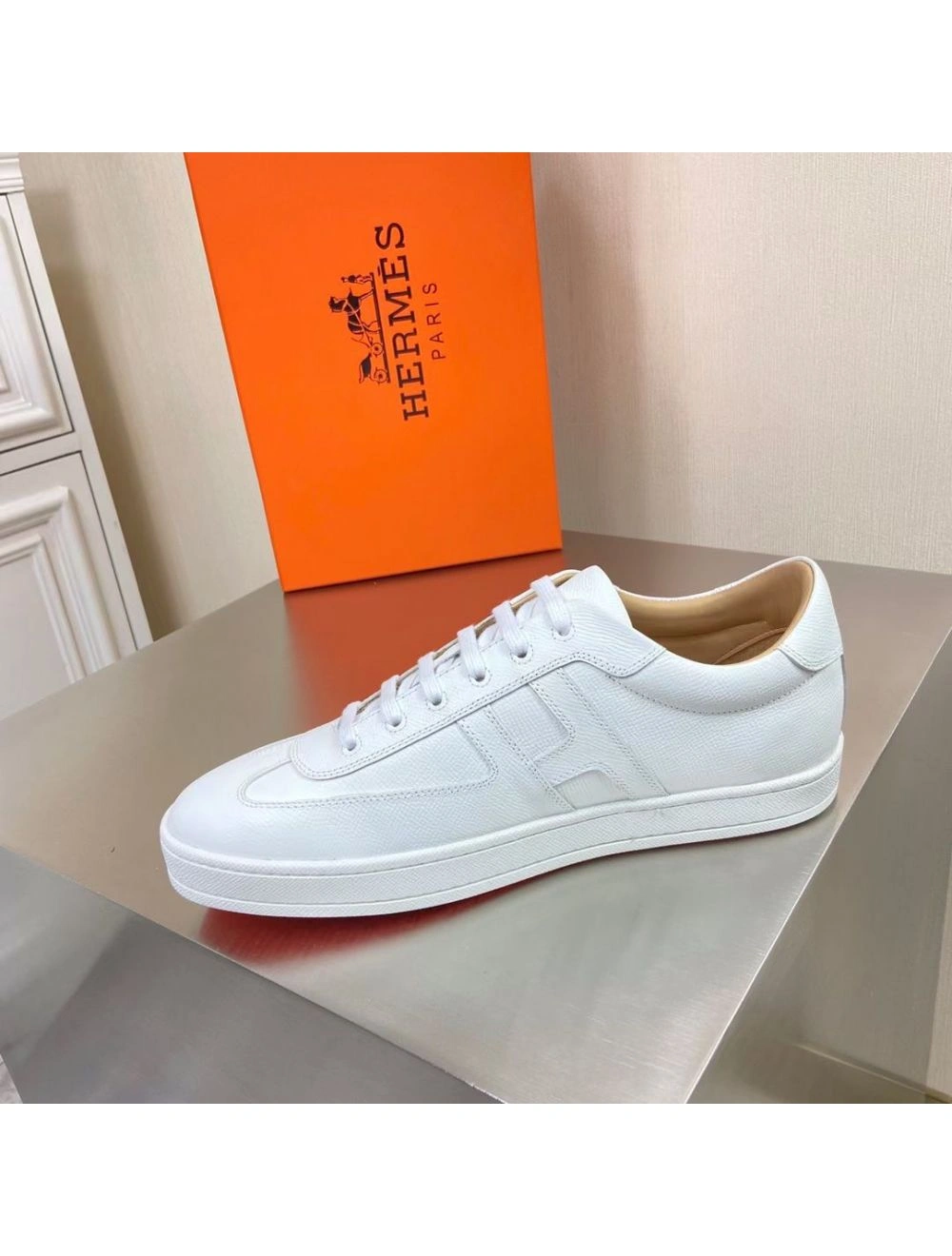 Hermes Boomerang Sneakers In White Epsom Leather