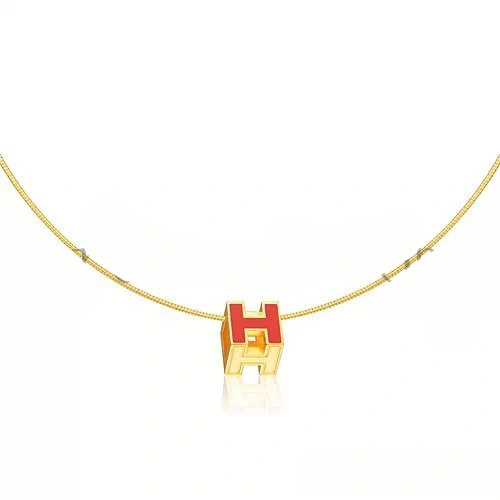 Hermes Cage d’H Necklace Orange in Lacquer Yellow Gold