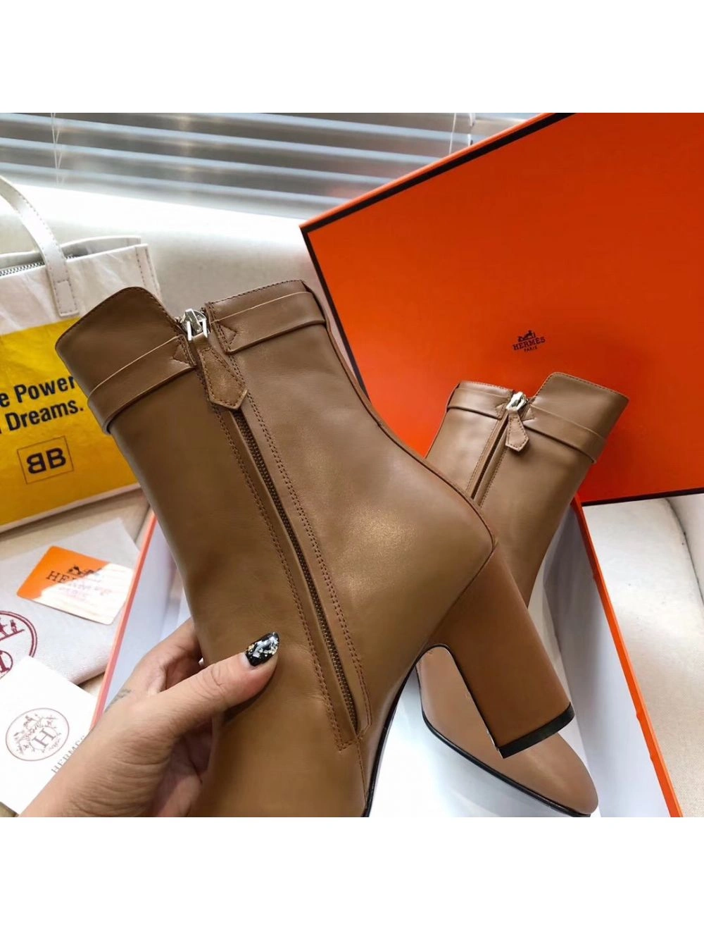 Hermes Camel Joueuse Ankle Boots