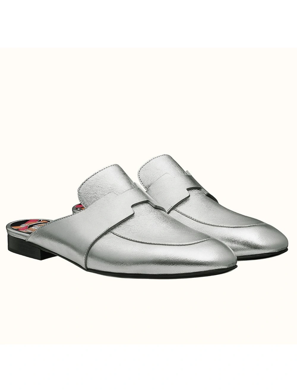 Hermes Catena Mules In Silver Metallic Calfskin