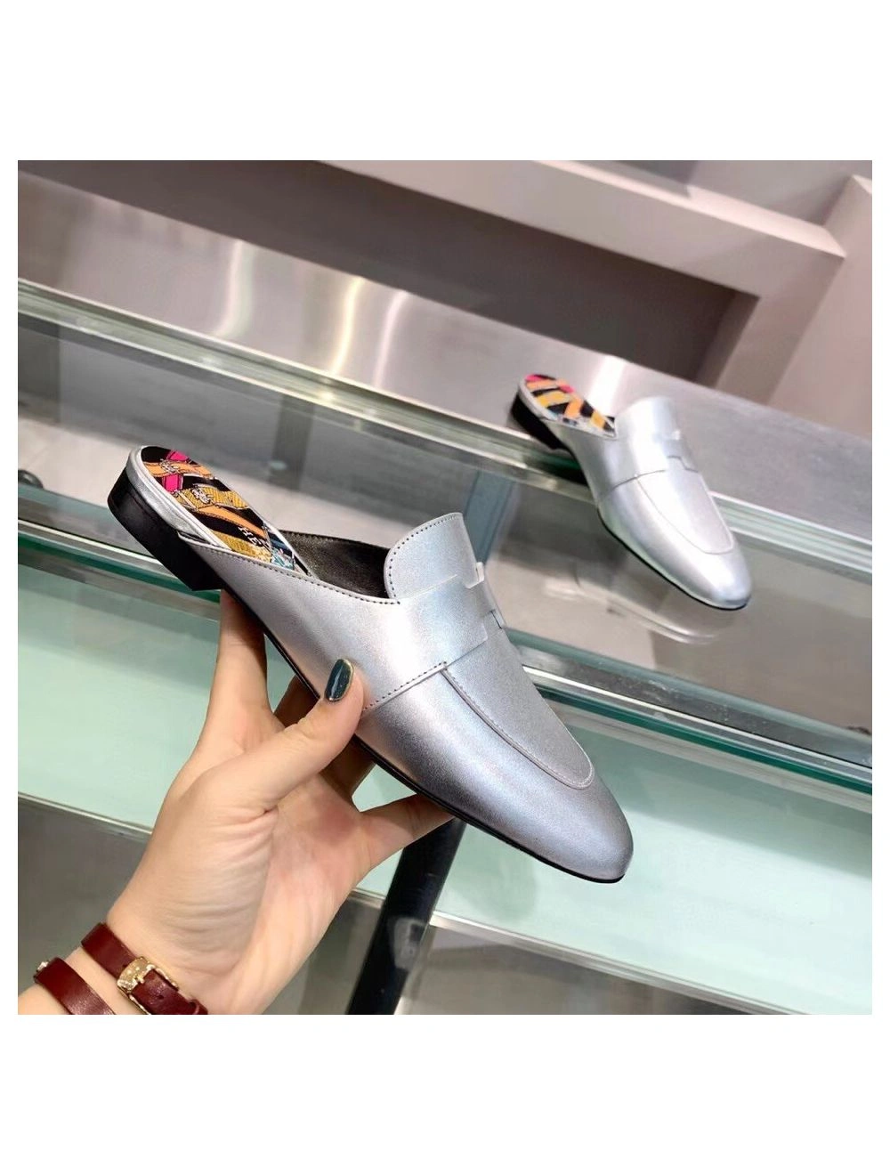 Hermes Catena Mules In Silver Metallic Calfskin