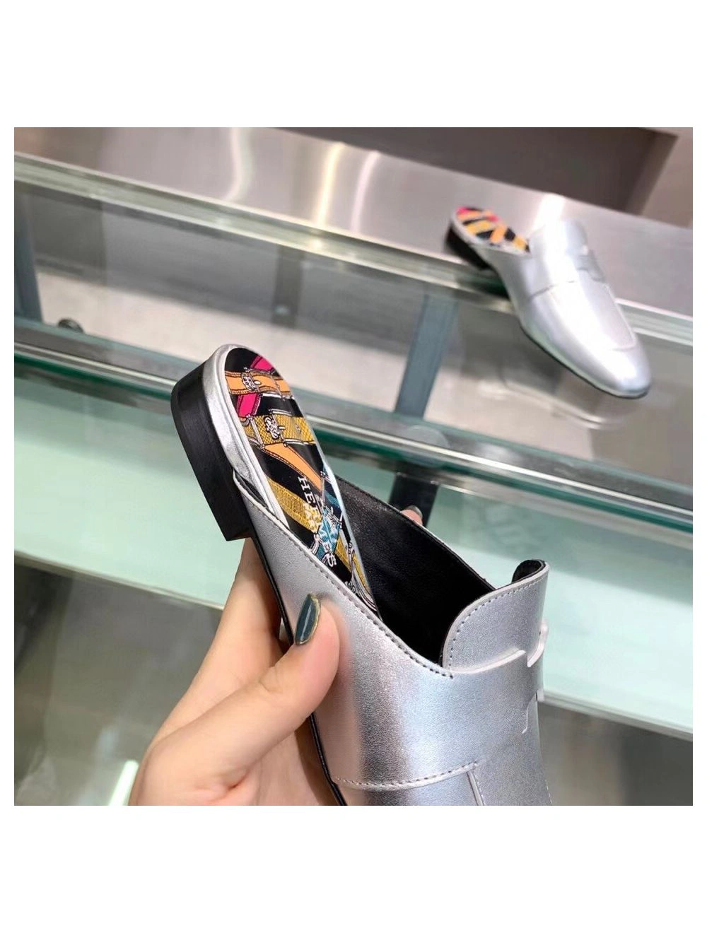 Hermes Catena Mules In Silver Metallic Calfskin