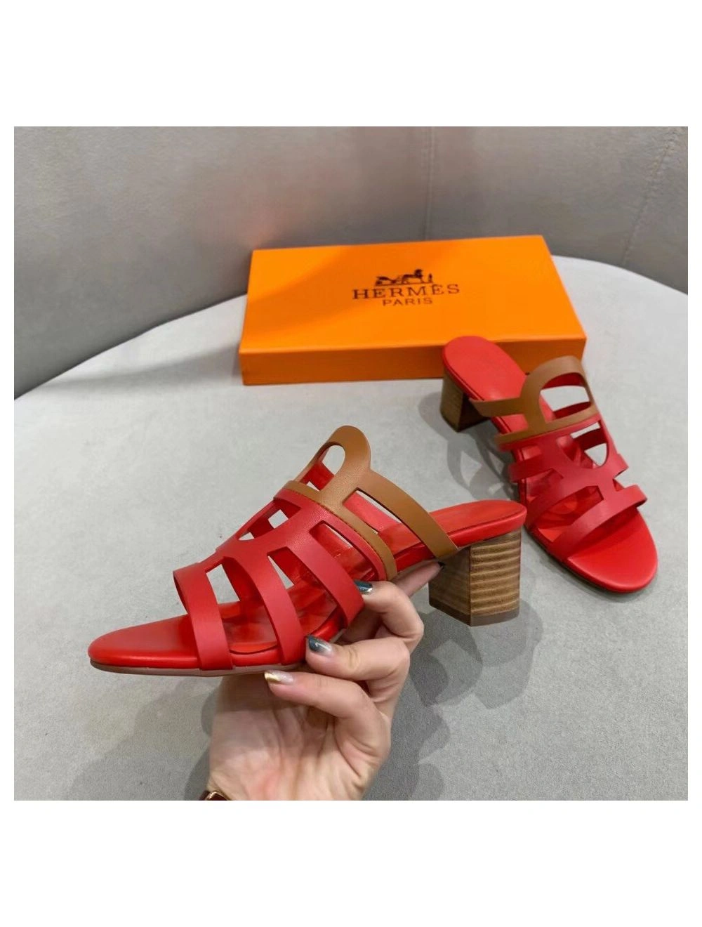 Hermes Celena Sandals 50mm In Red Brown Calfskin