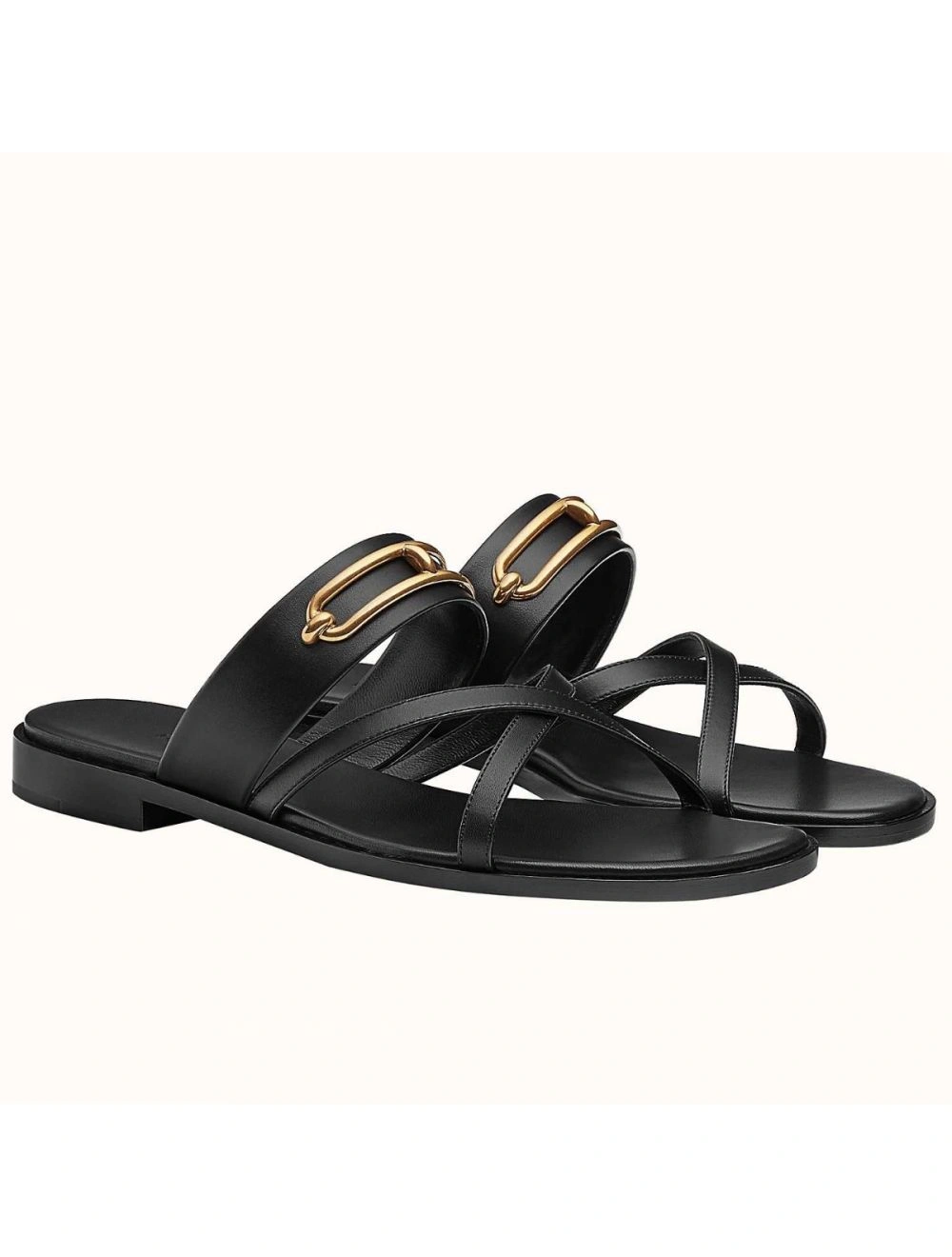 Hermes Claire Sandals In Black Calfskin