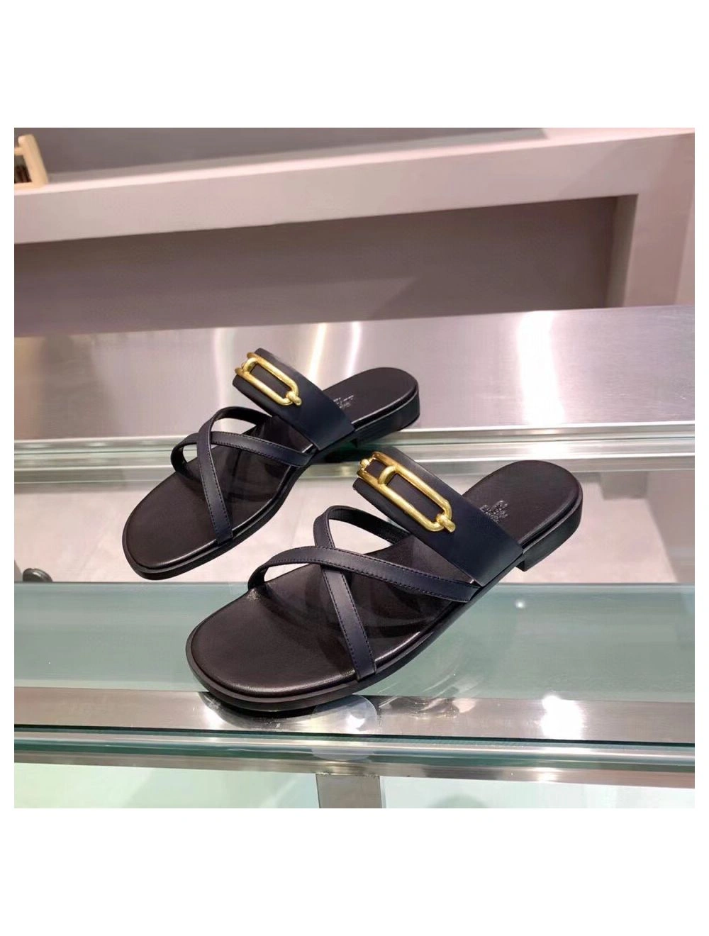 Hermes Claire Sandals In Black Calfskin