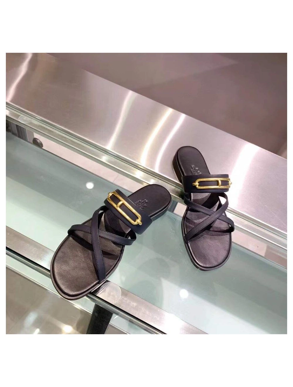 Hermes Claire Sandals In Black Calfskin