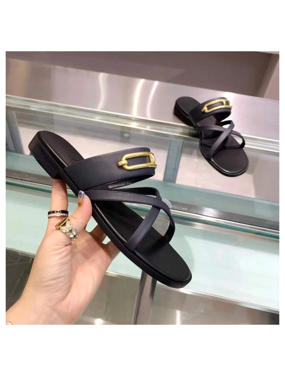 Hermes Claire Sandals In Black Calfskin