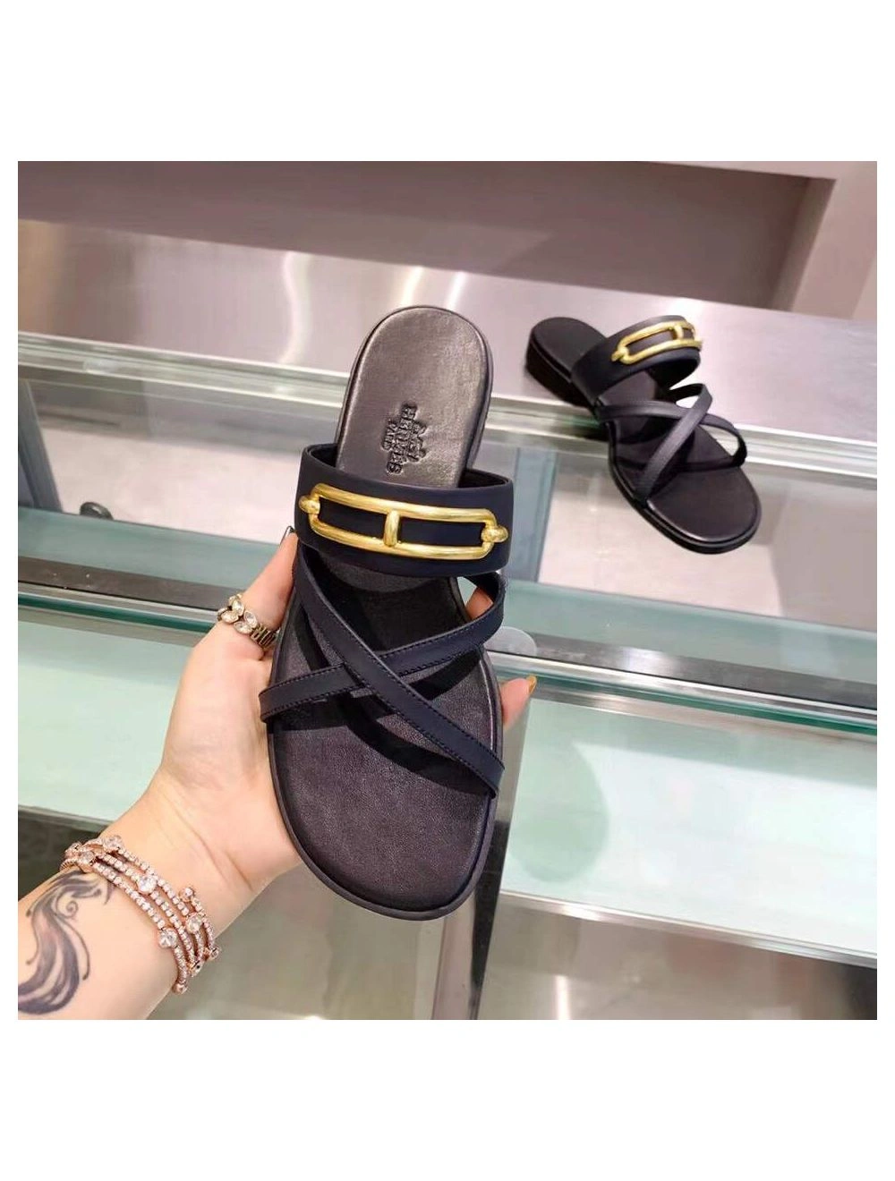 Hermes Claire Sandals In Black Calfskin