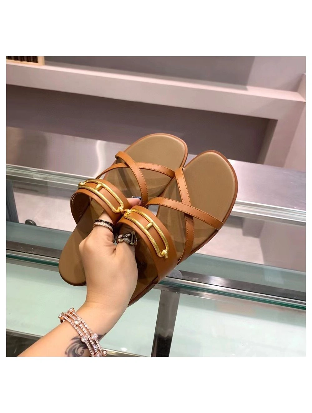 Hermes Claire Sandals In Brown Calfskin