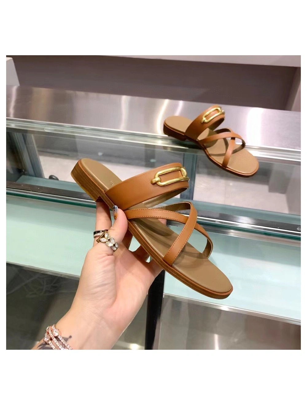 Hermes Claire Sandals In Brown Calfskin