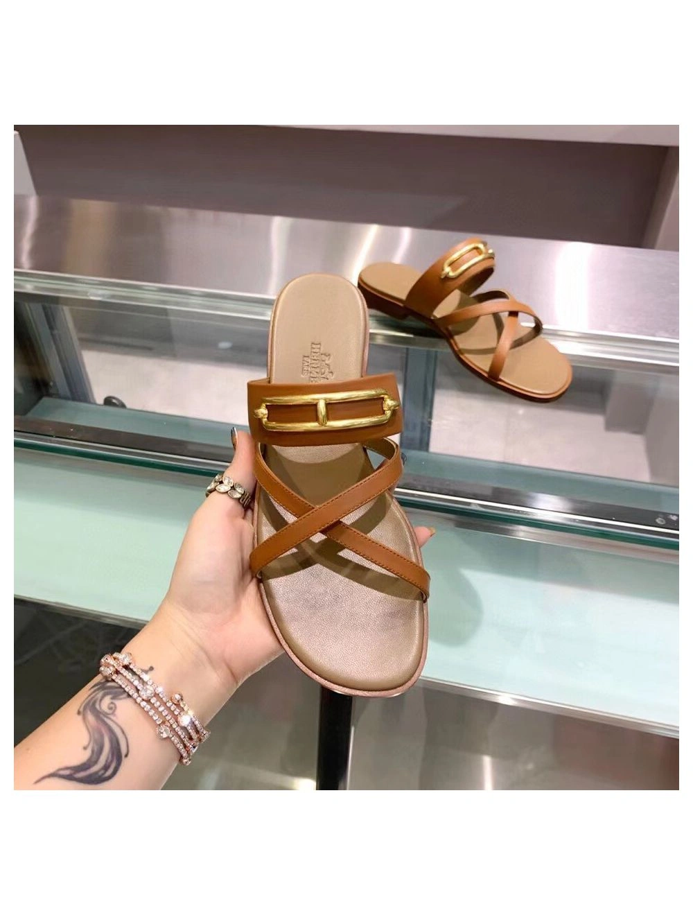 Hermes Claire Sandals In Brown Calfskin