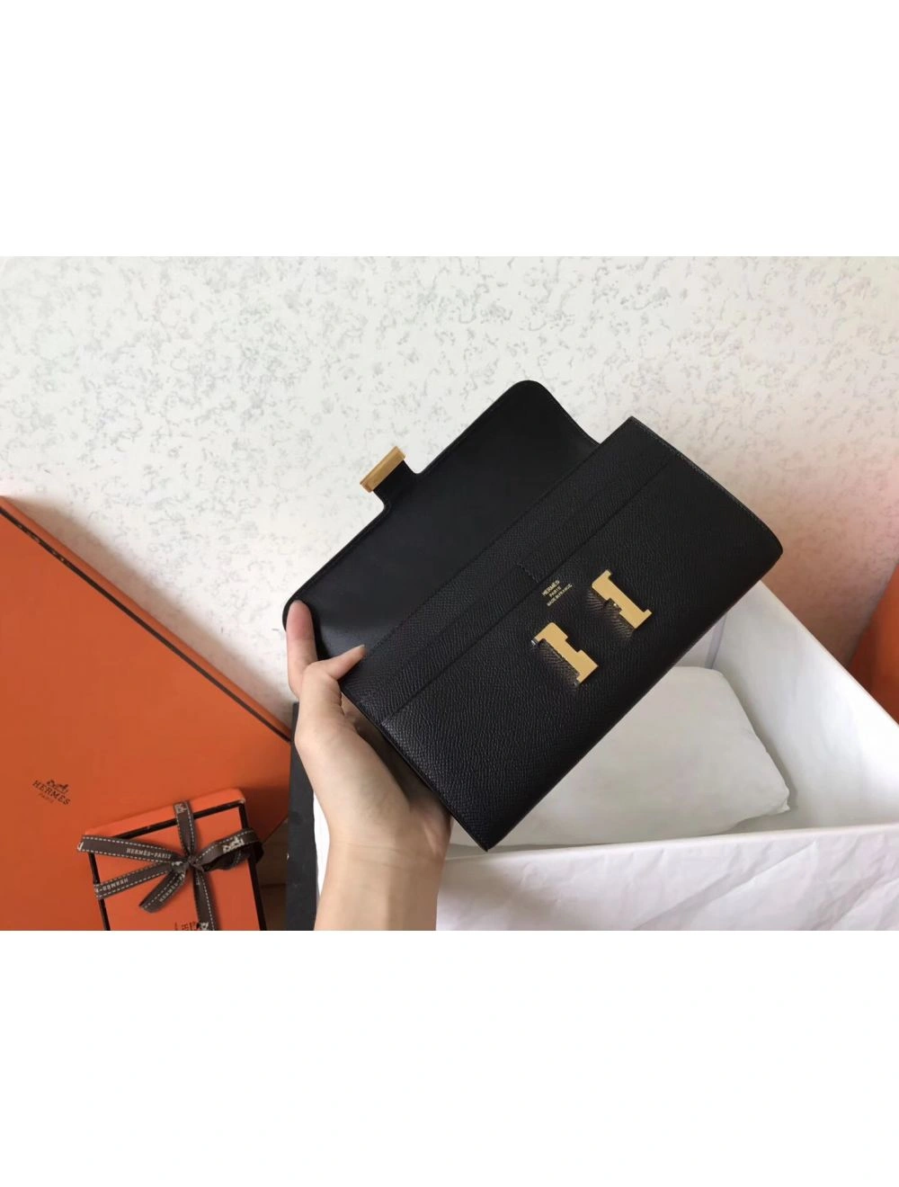 Hermes Constance Long Wallet In Black Epsom Leather