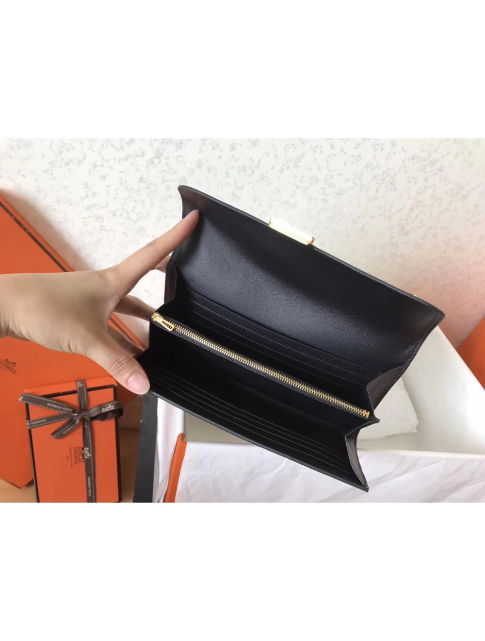 Hermes Constance Long Wallet In Black Epsom Leather