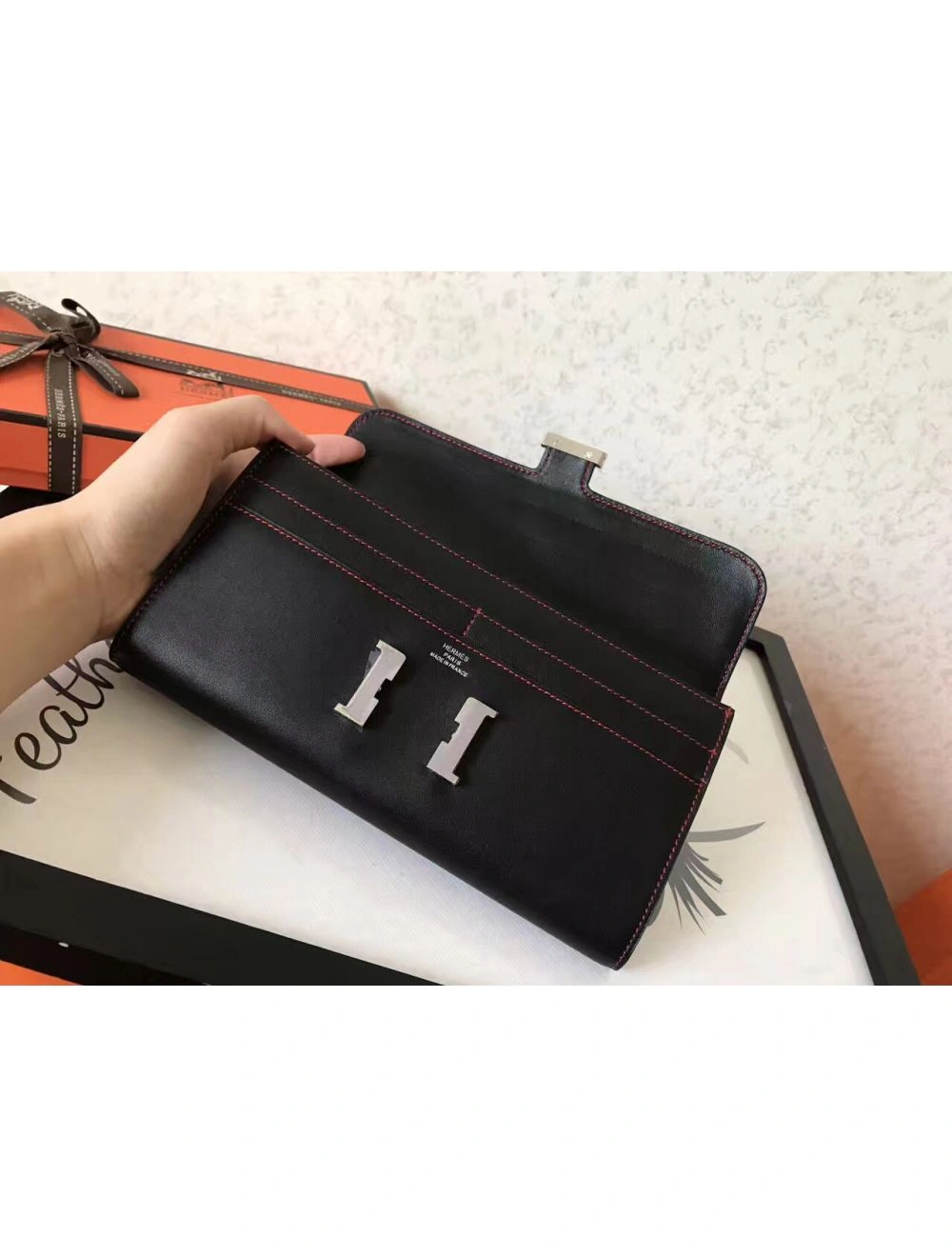 Hermes Constance Long Wallet In Black Swift Leather