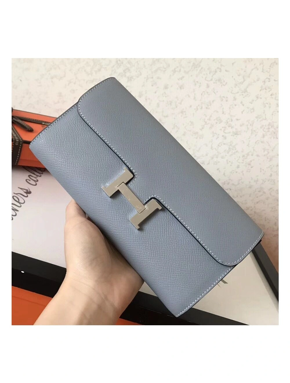 Hermes Constance Long Wallet In Blue Lin Epsom Leather