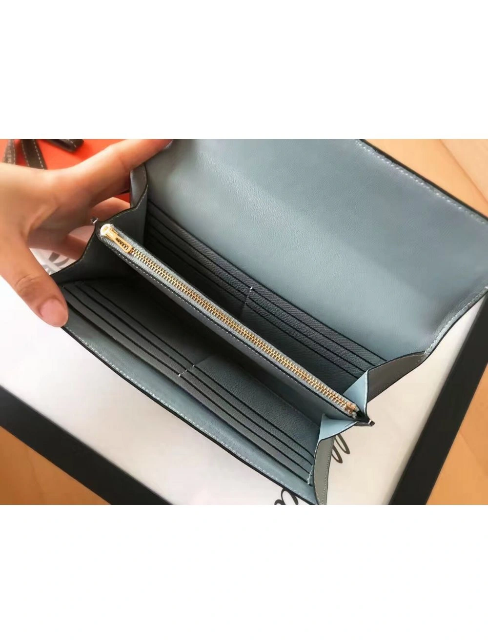 Hermes Constance Long Wallet In Blue Lin Epsom Leather