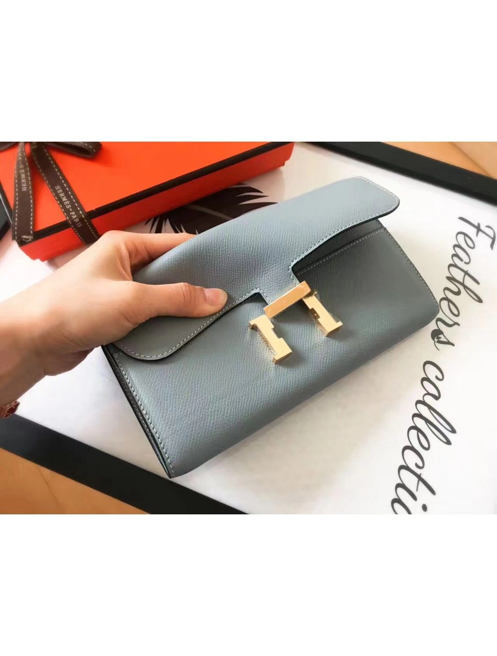 Hermes Constance Long Wallet In Blue Lin Epsom Leather