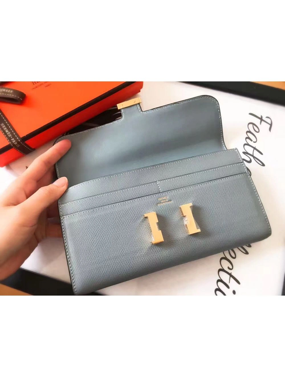 Hermes Constance Long Wallet In Blue Lin Epsom Leather