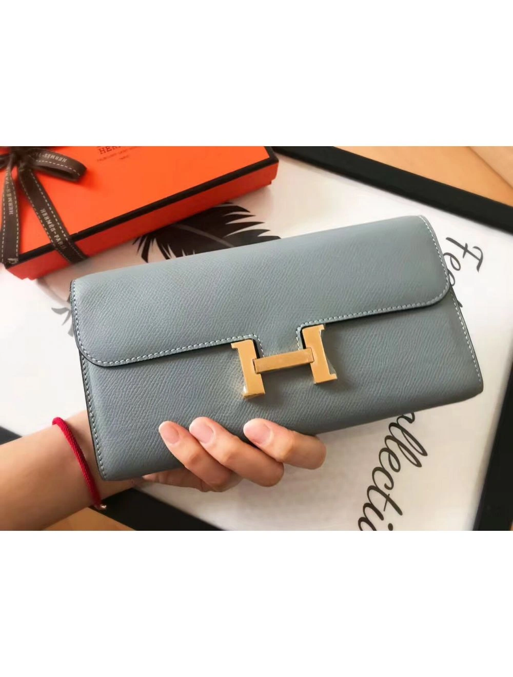 Hermes Constance Long Wallet In Blue Lin Epsom Leather