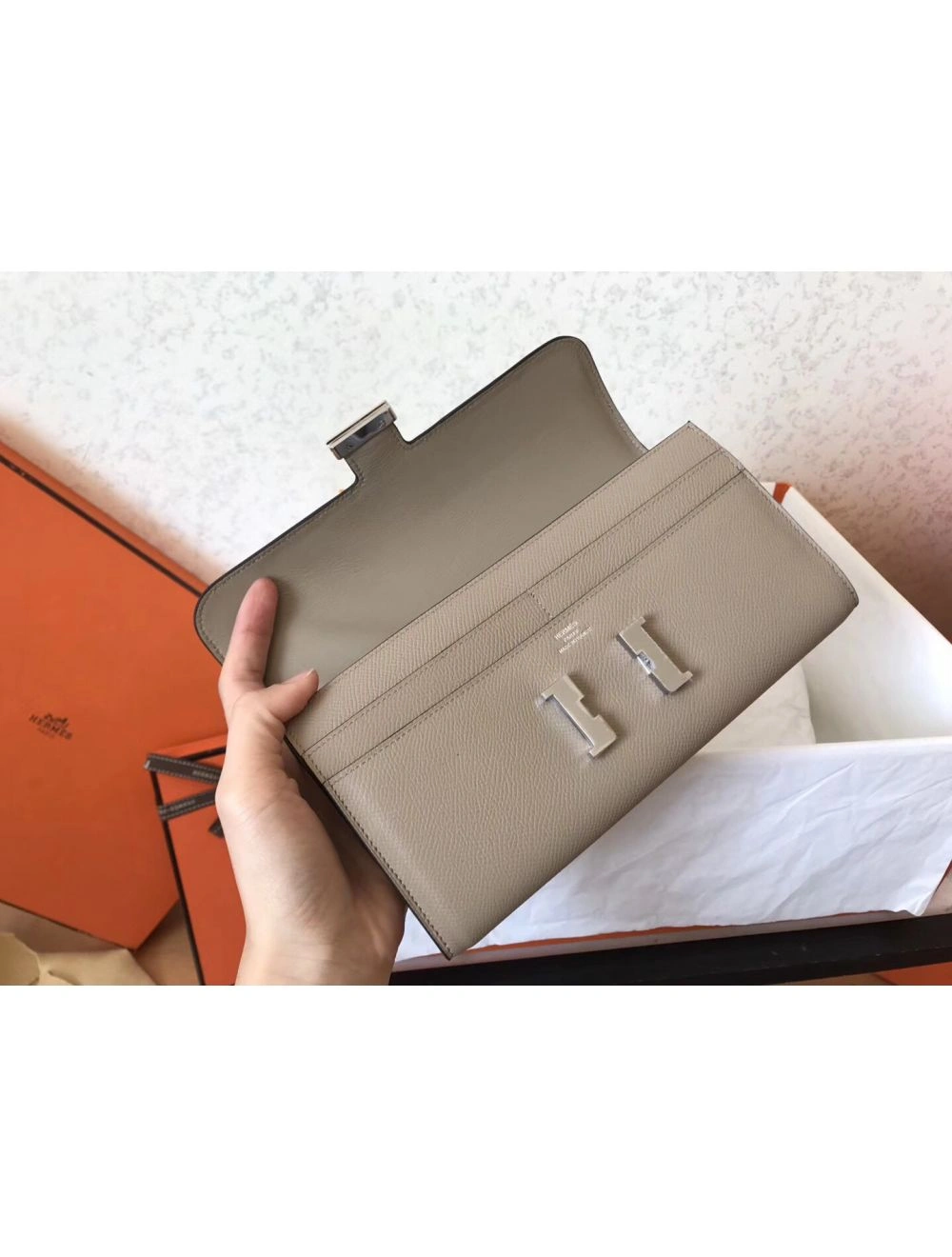 Hermes Constance Long Wallet In Grey Epsom Leather