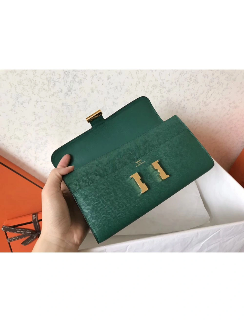 Hermes Constance Long Wallet In Malachite Epsom Leather