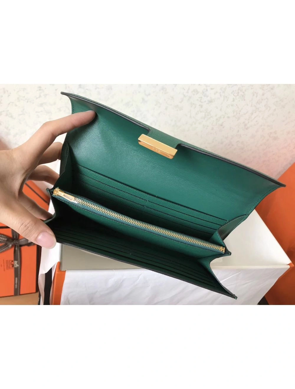 Hermes Constance Long Wallet In Malachite Epsom Leather