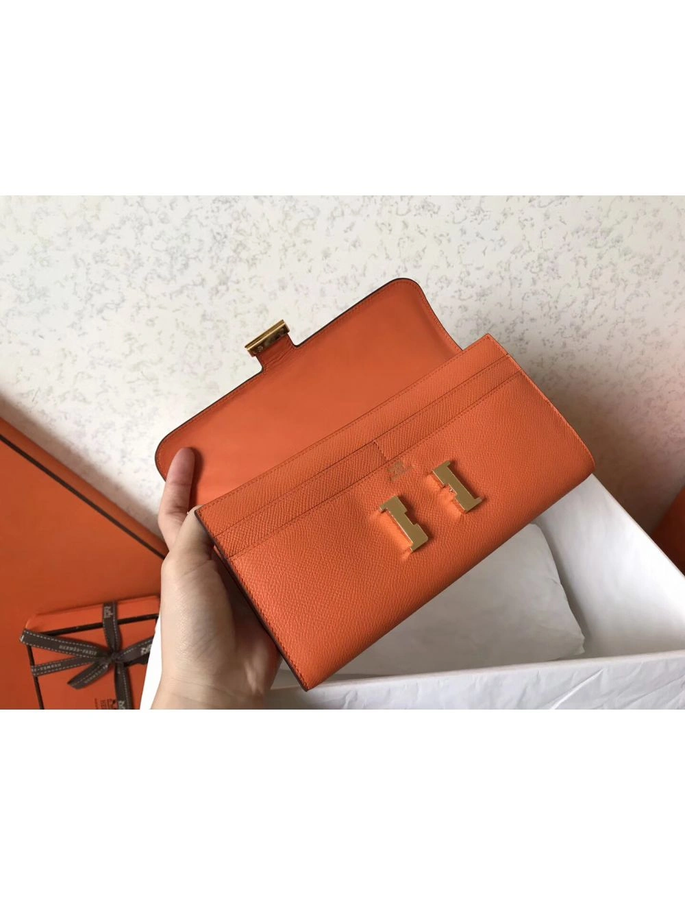 Hermes Constance Long Wallet In Orange Epsom Leather