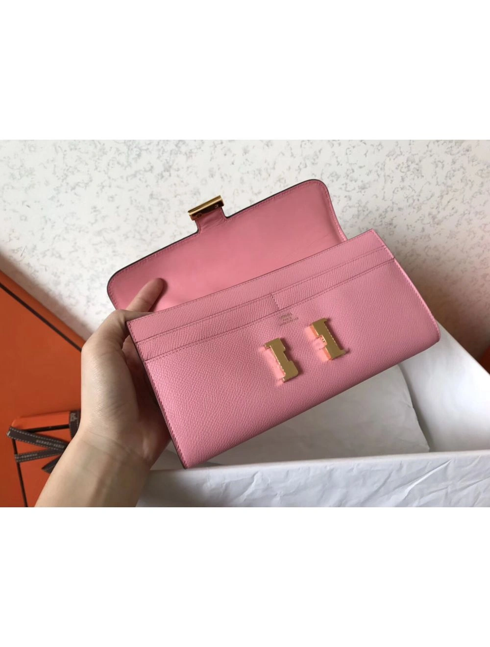 Hermes Constance Long Wallet In Pink Epsom Leather