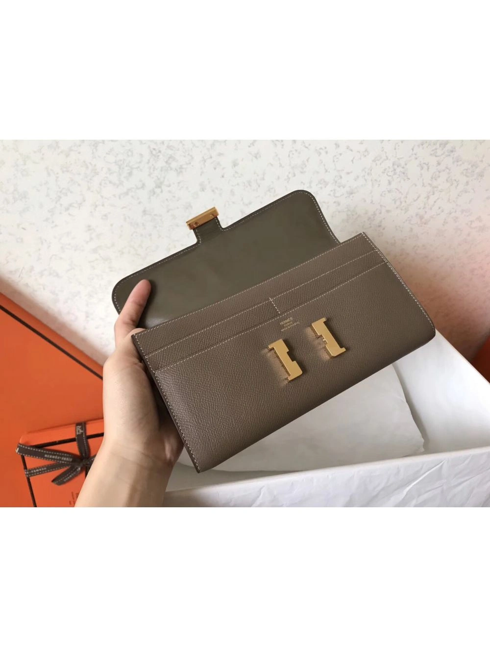 Hermes Constance Long Wallet In Taupe Epsom Leather