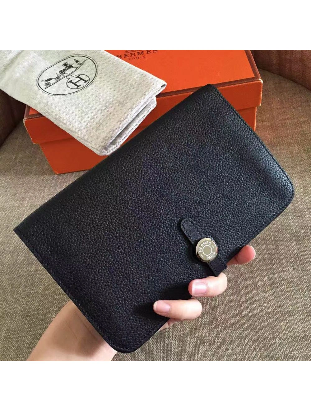 Hermes Dogon Duo Wallet In Black Clemence Leather