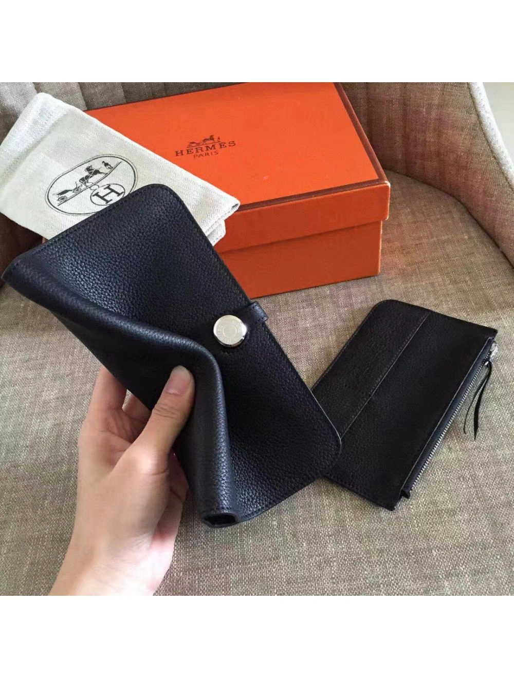 Hermes Dogon Duo Wallet In Black Clemence Leather