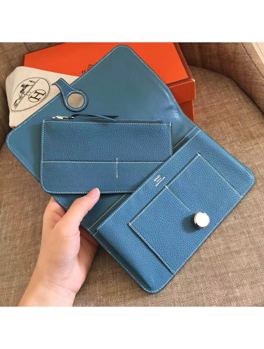 Hermes Dogon Duo Wallet In Blue Jean Leather
