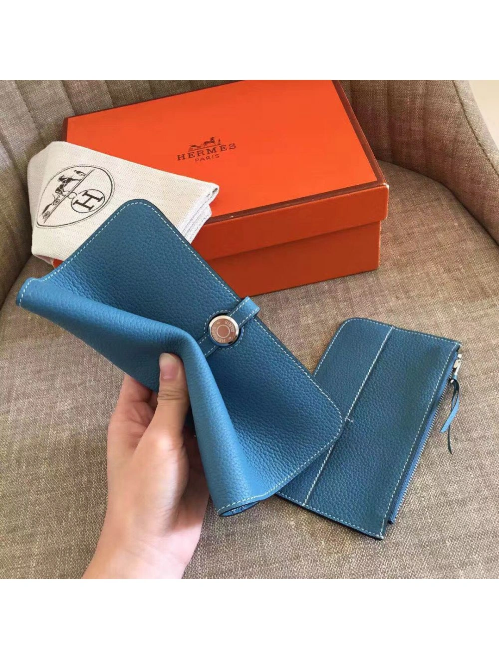 Hermes Dogon Duo Wallet In Blue Jean Leather