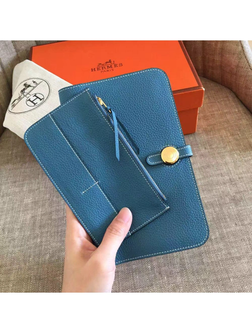 Hermes Dogon Duo Wallet In Blue Jean Leather