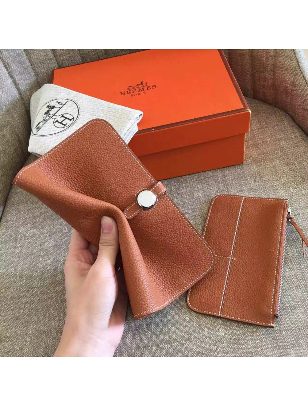 Hermes Dogon Duo Wallet In Gold Clemence Leather