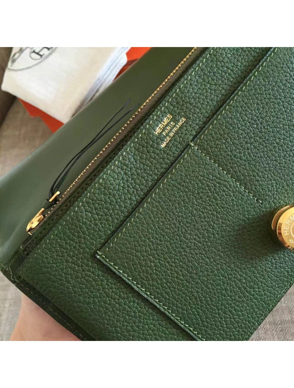 Hermes Dogon Duo Wallet In Green Clemence Leather