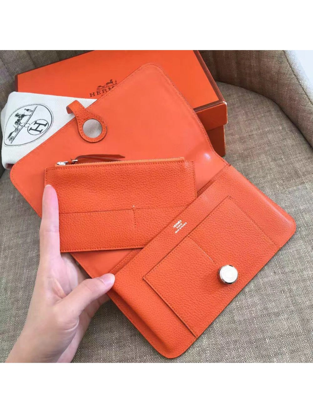 Hermes Dogon Duo Wallet In Orange Clemence Leather