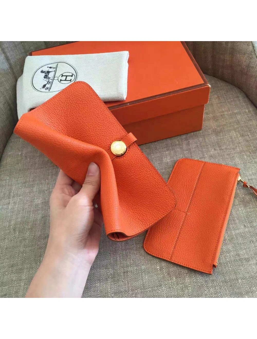 Hermes Dogon Duo Wallet In Orange Clemence Leather