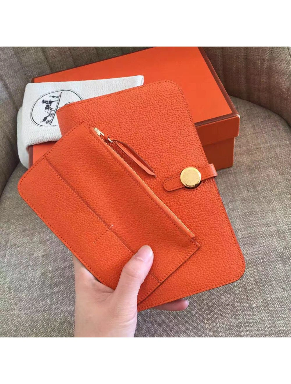 Hermes Dogon Duo Wallet In Orange Clemence Leather