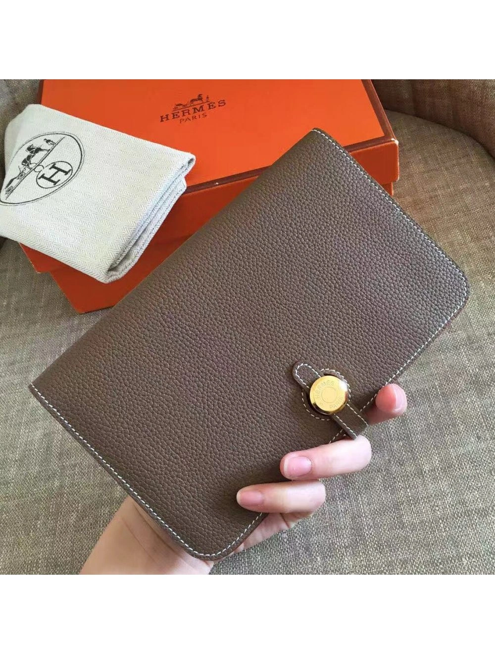 Hermes Dogon Duo Wallet In Taupe Clemence Leather