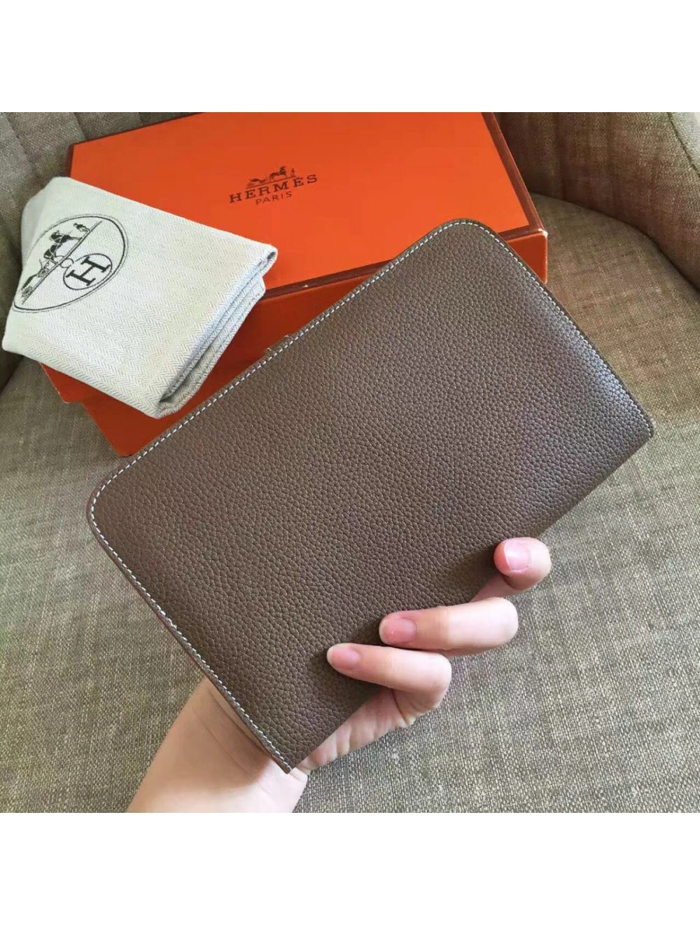 Hermes Dogon Duo Wallet In Taupe Clemence Leather