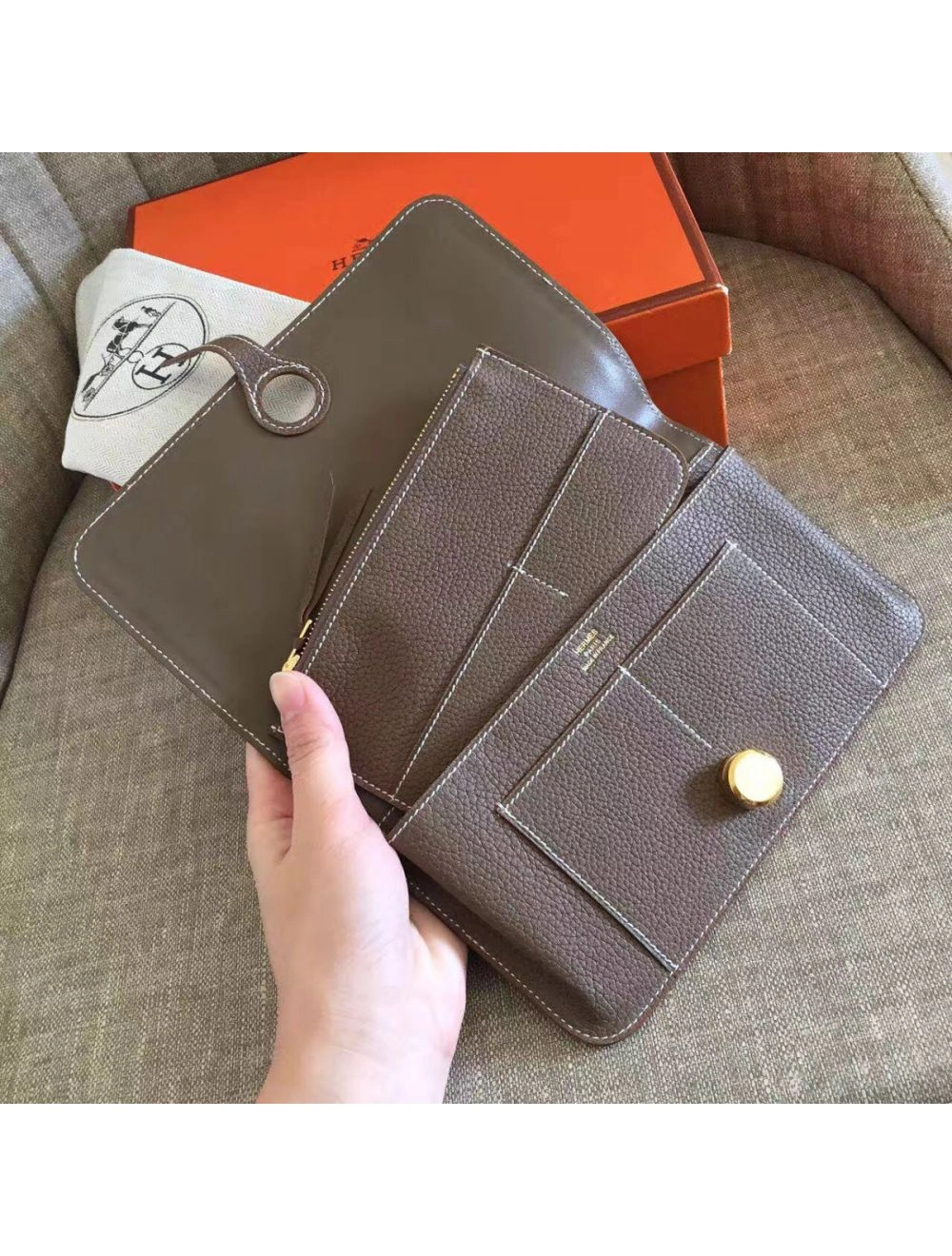 Hermes Dogon Duo Wallet In Taupe Clemence Leather