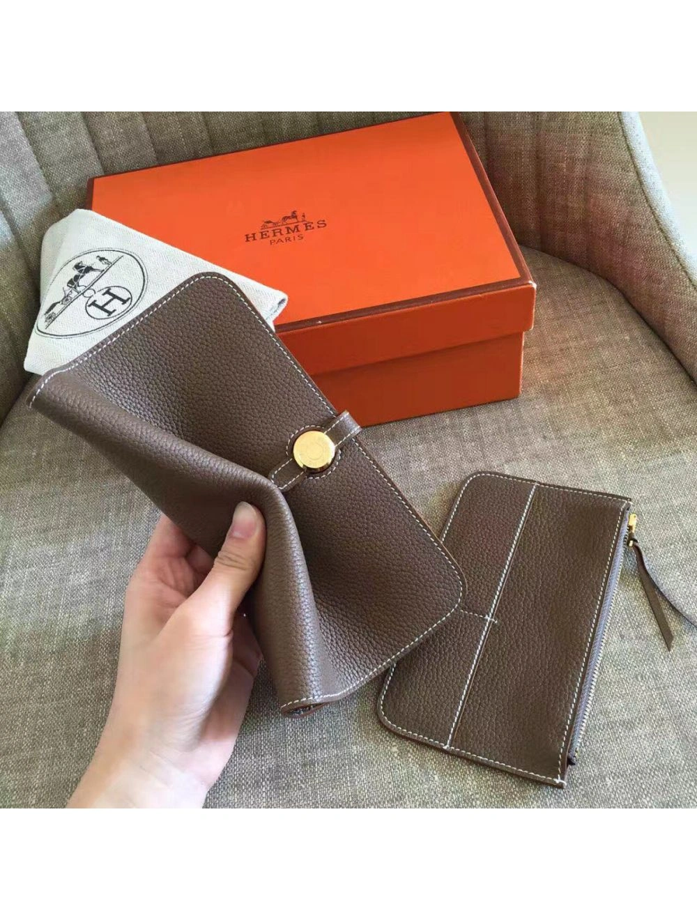 Hermes Dogon Duo Wallet In Taupe Clemence Leather