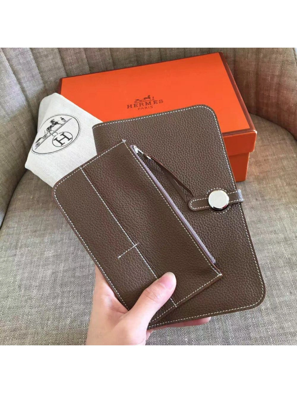 Hermes Dogon Duo Wallet In Taupe Clemence Leather