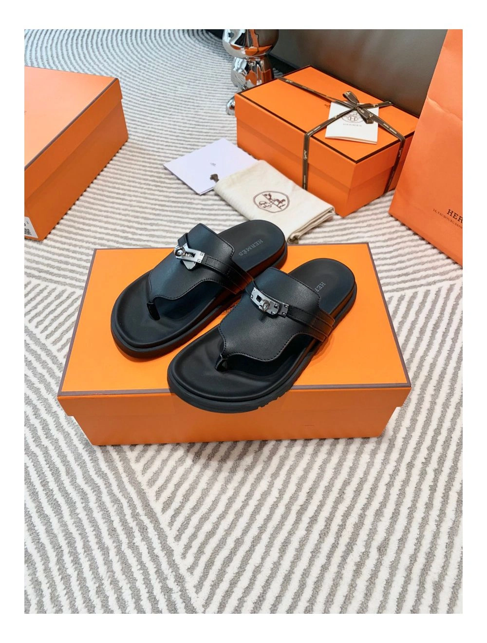 Hermes Empire Sandals in Black Calfskin