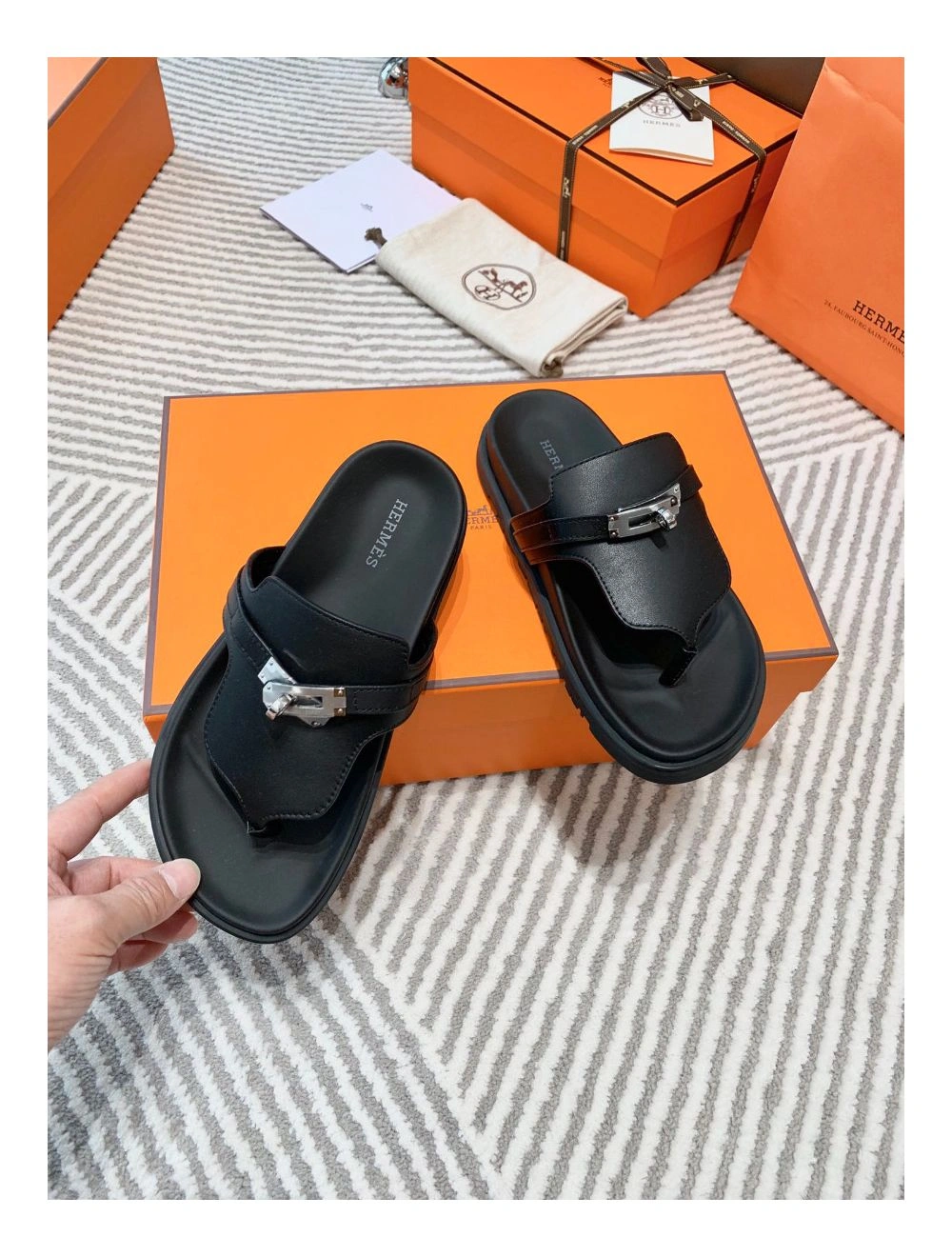 Hermes Empire Sandals in Black Calfskin